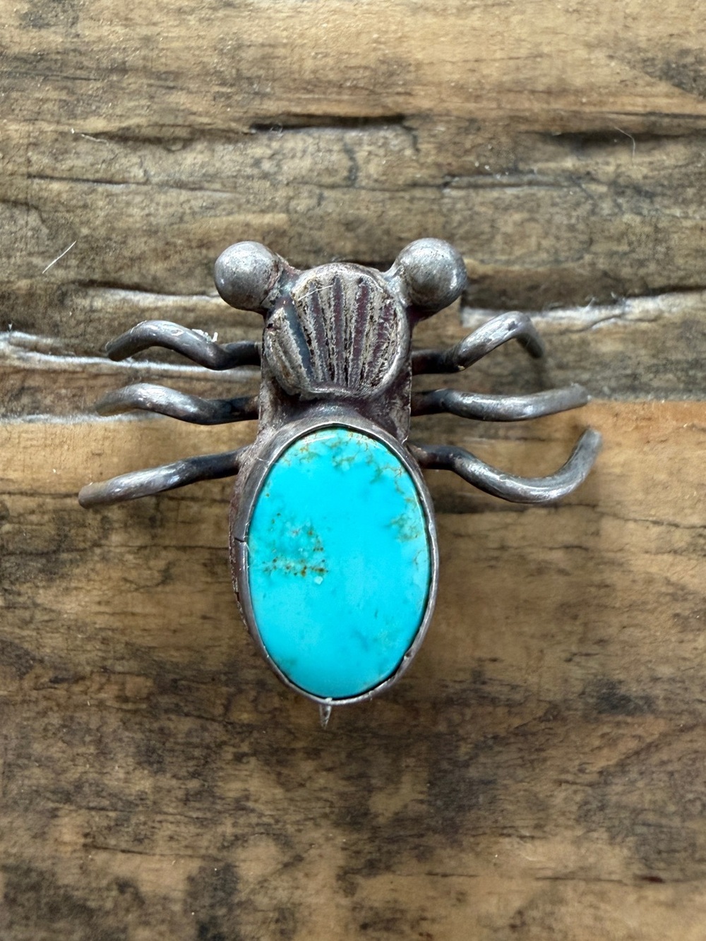 Vintage Native Navajo Handmade Sterling Silver Turquoise Spider Bug Pin Brooch